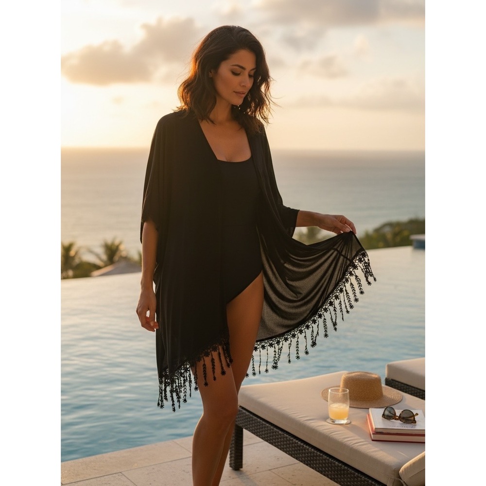 BECCA by Rebecca Virtue Swim Cover Up Women M/L Black Crochet Lace Tassel Kimono